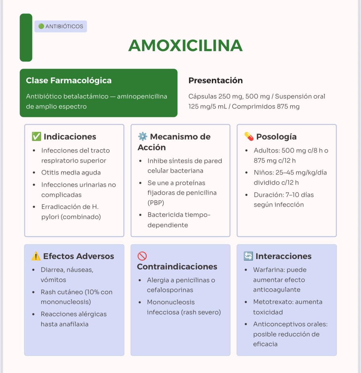 Ficha de Amoxicilina con sus seis apartados de estudio