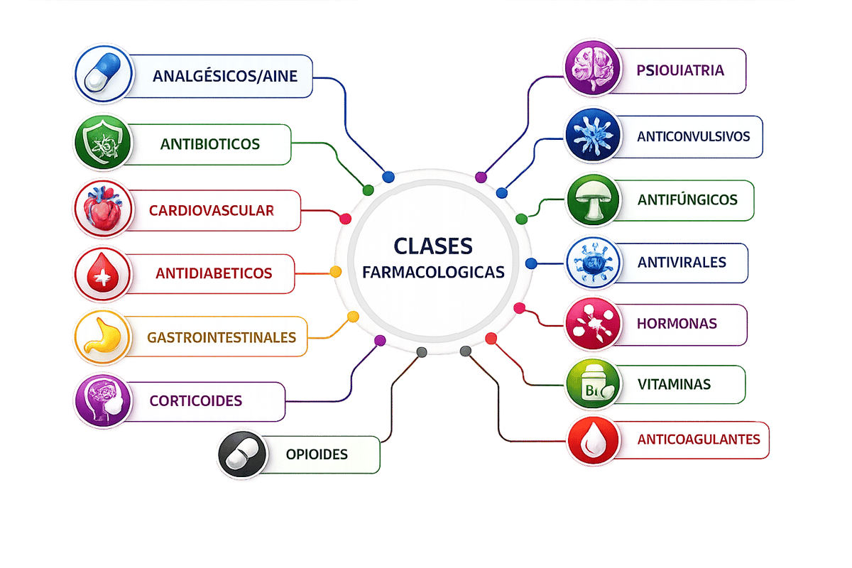 Mapa de clases farmacológicas que conecta analgésicos, antibióticos, cardiovasculares, antidiabéticos, gastrointestinales, corticoides, opioides, psiquiatría, anticonvulsivos, antifúngicos, antivirales, hormonas, vitaminas y anticoagulantes